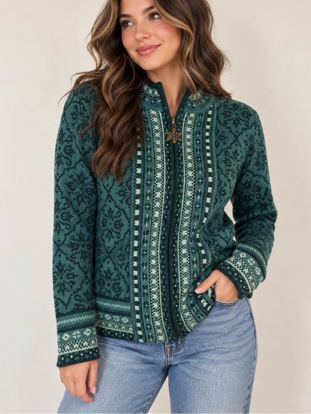 Wool Blend Fair Isle Appleseed’s Zip Up Cardigan Sweater Green Small